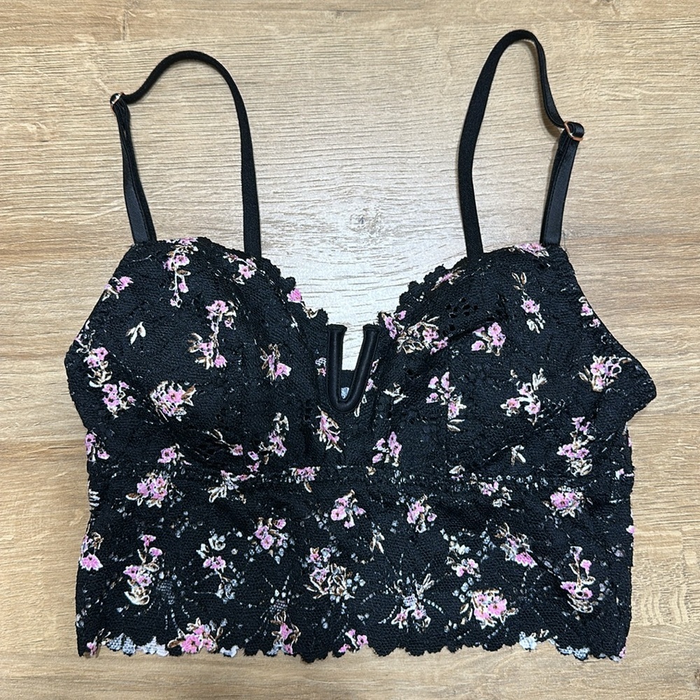 Pink Victoria Secret Lace Bustier Ditsy Floral Bralette Black Coquette